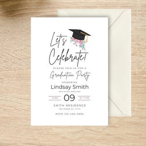 May include: White graduation party invitation with the text "Let's Celebrate!" and "Graduation Party". The invitation includes the graduate's name, date, time, and RSVP information. A black graduation cap and floral design are at the top.
