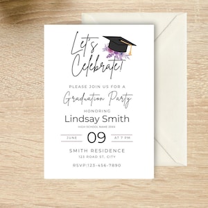Floral Graduation Party Invite, Purple Floral Graduation Party, High School Graduation Invite, College Graduation Invite, Flower theme image 1