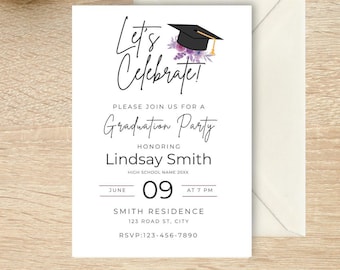 Floral Graduation Party Invite, Purple Floral Graduation Party, High School Graduation Invite, College Graduation Invite, Flower theme