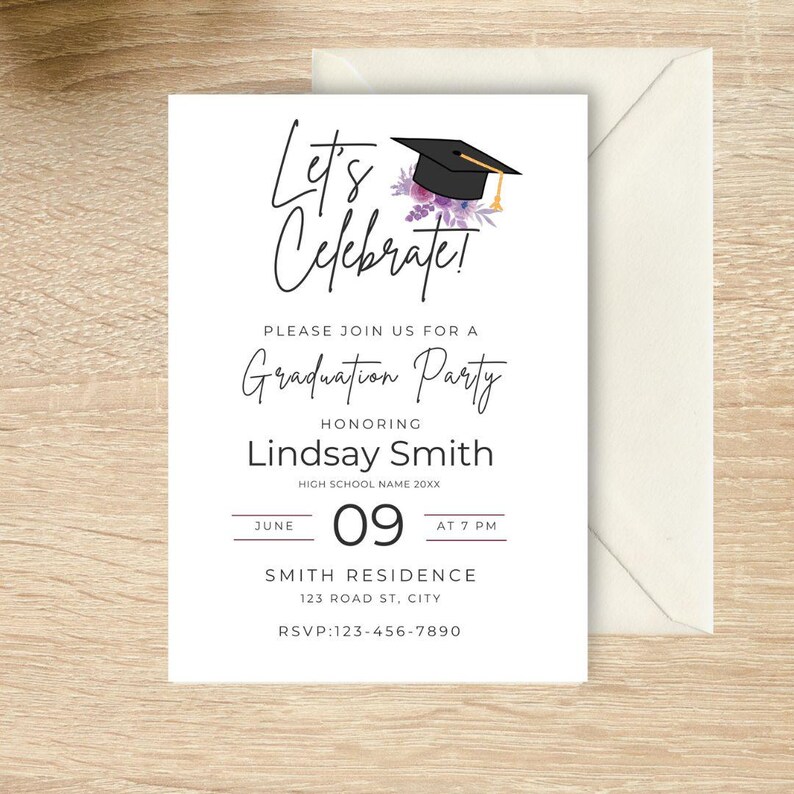Floral Graduation Party Invite, Purple Floral Graduation Party, High School Graduation Invite, College Graduation Invite, Flower theme image 1