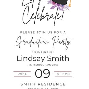 Floral Graduation Party Invite, Purple Floral Graduation Party, High School Graduation Invite, College Graduation Invite, Flower theme image 2