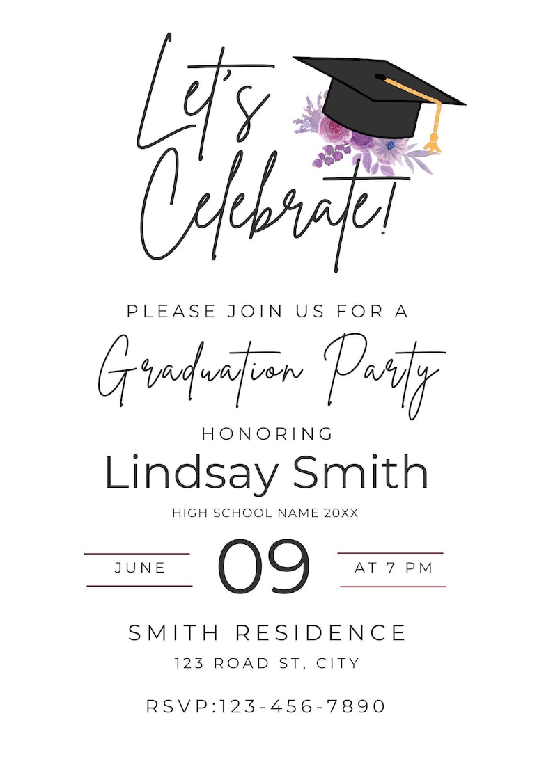 Floral Graduation Party Invite, Purple Floral Graduation Party, High School Graduation Invite, College Graduation Invite, Flower theme image 2