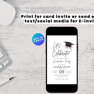 May include: A black and white graduation party invitation with a purple floral design and a black graduation cap. The text on the invitation reads "Let's Celebratet" and "Please join us for a Graduation Party honoring Lindsay Smith". The date is June 09 at 7 PM. The location is Smith Residence, 123 Main St, City. RSVP 123-456-7890.