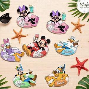 May include: A collection of seven die-cut stickers featuring Disney characters including Minnie Mouse, Mickey Mouse, Daisy Duck, Donald Duck, Goofy, and Pluto, each floating in a colorful inner tube with the word Name printed on the front.