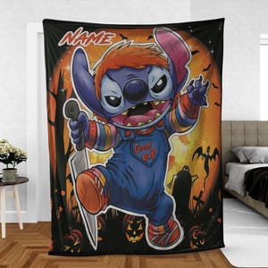 May include: A Halloween-themed blanket featuring a cartoon character in a Chucky-inspired costume, holding a knife. The blanket has a black background with an orange moon, bats, and silhouettes of a haunted house and graveyard. The text "Name" is at the top.