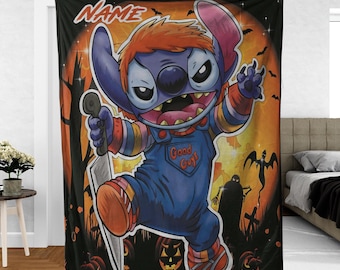 Manta de Halloween personalizada de Stitch con calabaza, personaje de terror de Stitch, manta polar súper suave y acogedora, manta de Disney espeluznante y adorable.