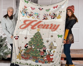 Personalized Name Mickey and Friends Santa Christmas Blanket, Family Christmas Gifts, Mickey's Very Merry Christmas Party Home Decor