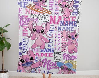 Personalized Disney Stitch And Angel Fleece Blanket, Custom Name Throw for Kids, Birthday Gift, Baby Shower, Gift for Boy and Girl