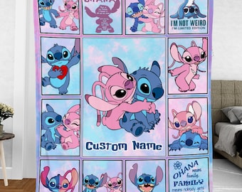 Personalized Disney Stitch Angel Blanket, Ohana Means Family Cute Stitch Velveteen Plush Blanket, Disney Birthday Girl, Magic Kingdom