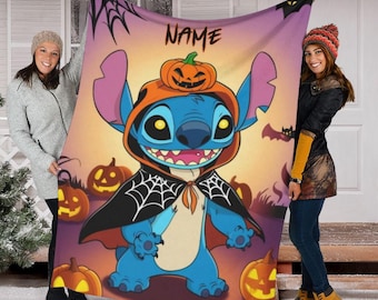 Personalized Halloween Stitch Blanket, Super Soft Fleece Blanket for Couch Sofa, Cute Disney Blanket for Kids and Adults Gift, Home Decor