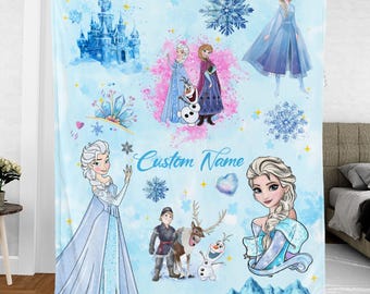 Personalized Disney Princess Elsa Blanket, Cute Disney Princess Baby Girl Trip Velveteen Plush Blanket, Disney Birthday Girl