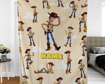 Personalized Toy Movie Character Fleece Blanket, Custom Name Cartoon Cowboy Blanket, Birthday Gift For Boy, Customized Woody Blanket