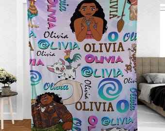 Personalized Watercolor Disney Moana Blanket, Baby Princess Moana Birthday Gift, WDW Disneyland Maui Hei Hei Tamatoa Family Decor