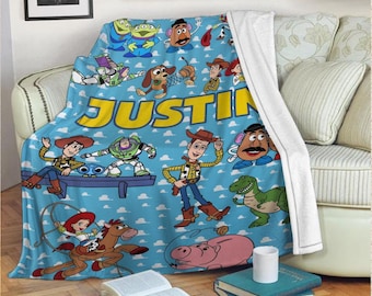 Custom Name Toy Story Blanket, Personalized Toy Movie Character Fleece Blanket, Birthday Gift For Boy, Customized Buzz Woody Blanket