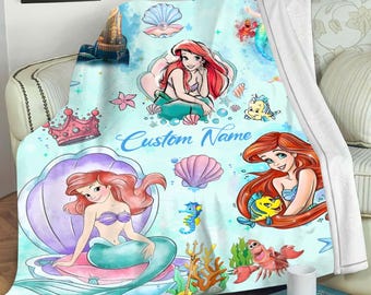Personalized Disney Princess Ariel Blanket, Cute Disney Princess Baby Girl Trip Velveteen Plush Blanket, Disney Birthday Girl Gifts