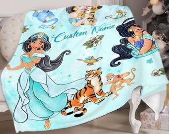 Personalized Disney Princess Jasmine Blanket, Cute Disney Princess Baby Girl Trip Velveteen Plush Blanket, Disney Birthday Girl Gifts