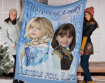 Personalized Disney Frozen Sisters Elsa And Anna Princess Blanket, Custom Name & Face Girl Princess Blanket, Sisters for Life, Baby Shoer