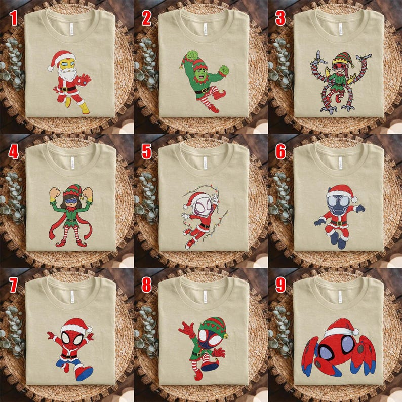 May include: A collection of nine beige t-shirts, each featuring a unique cartoon character dressed in holiday attire. The designs include characters in Santa suits, elf costumes, and festive gear, displayed in a grid layout numbered one through nine.