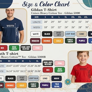 May include: A size and color chart for Gildan 5000 unisex and 5000B youth t-shirts. The chart displays length and width measurements in inches for sizes S-5XL and XS-XL, alongside color swatches including white, black, navy, red, and orange.