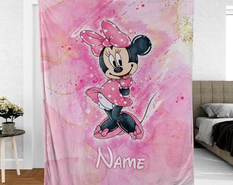 Custom Name Minnie Mouse Watercolor Blanket, Disney Minnie Mouse Fleece Blanket , Disney Baby Pink Blanket, Baby Shower, Gift For Daughter