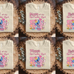 May include: A collection of six beige t-shirts featuring a graphic of Stitch and Angel from Lilo and Stitch. Each shirt displays the number 5, a birthday cake, and text including Dad, Mom, Sis, Bro, or the name Anna of the Birthday Girl.