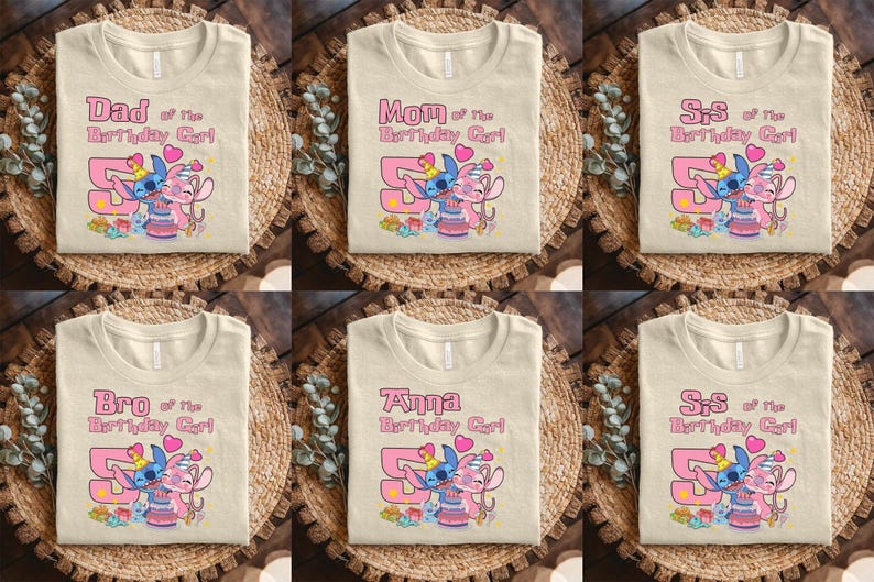 May include: A collection of six beige t-shirts featuring a graphic of Stitch and Angel from Lilo and Stitch. Each shirt displays the number 5, a birthday cake, and text including Dad, Mom, Sis, Bro, or the name Anna of the Birthday Girl.