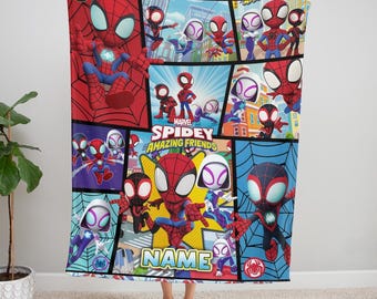 Personalized Spidey And Amazing Friends Fleece Blanket, Spider Man Blanket, Spiderman Ghost Spider Blanket for Bed Couch Sofa, Birthday Gift