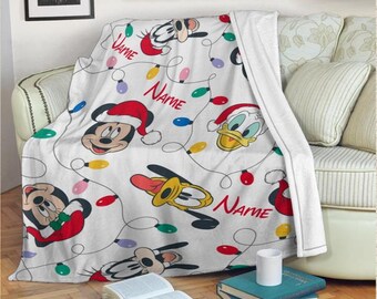 Personalized Name Mickey And Friends Blanket, Christmas Light Disney Blanket, Minnie, Daisy, Donald, Pluto Fleece  Blanket, Birthday Gift