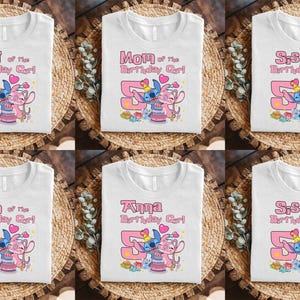 May include: A collection of six white t-shirts featuring a graphic of Stitch and Angel from Lilo and Stitch. Each shirt displays the number 5, a birthday cake, and custom text including Dad, Mom, Sis, Bro, or a name above the phrase of the Birthday Girl.
