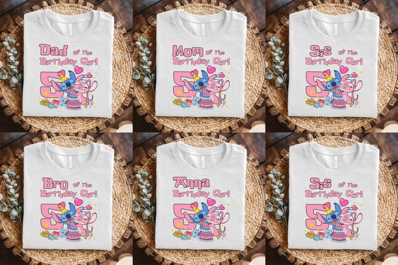 May include: A collection of six white t-shirts featuring a graphic of Stitch and Angel from Lilo and Stitch. Each shirt displays the number 5, a birthday cake, and custom text including Dad, Mom, Sis, Bro, or a name above the phrase of the Birthday Girl.