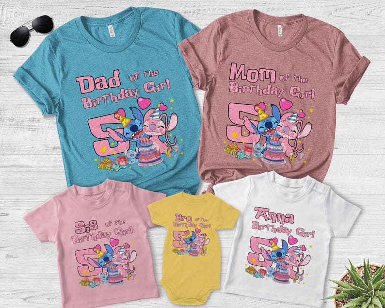 May include: A collection of five t-shirts and one bodysuit featuring cartoon characters Stitch and Angel with a birthday cake and the number 5. The shirts include text such as Dad of the Birthday Girl, Mom of the Birthday Girl, Sis of the Birthday Girl, Bro of the Birthday Girl, and Anna Birthday Girl.