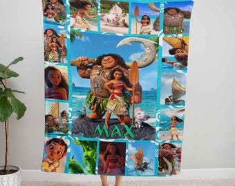 Personalized Moana Princess Family Fleece Blanket, Custom Name Princess Fleece Blanket, Magic Kingdom,Birthday Gift, Home Decor, Baby Shower