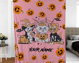 Personalized Name Aristocats Halloween Blanket, Disneyland Fall Blanket, Disney Cats Halloween Blanket, Not So Scary Halloween Party Gift