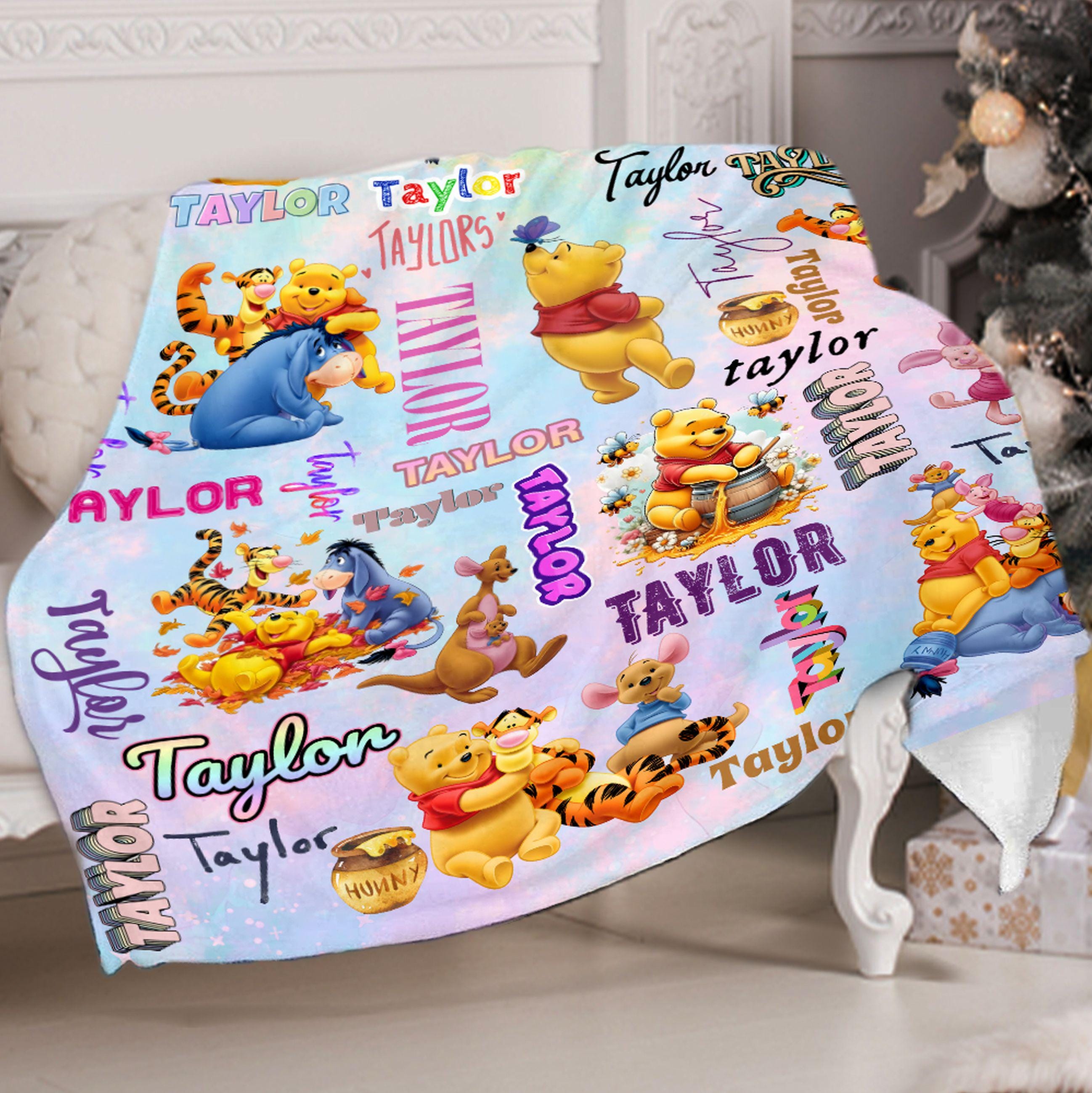 Personalized Watercolor Winie The Pooh Blanket, Custom Name Baby Disney Pooh Tigger Eeyore Velveteen Plush Blanket, Disney Birthday Gifts