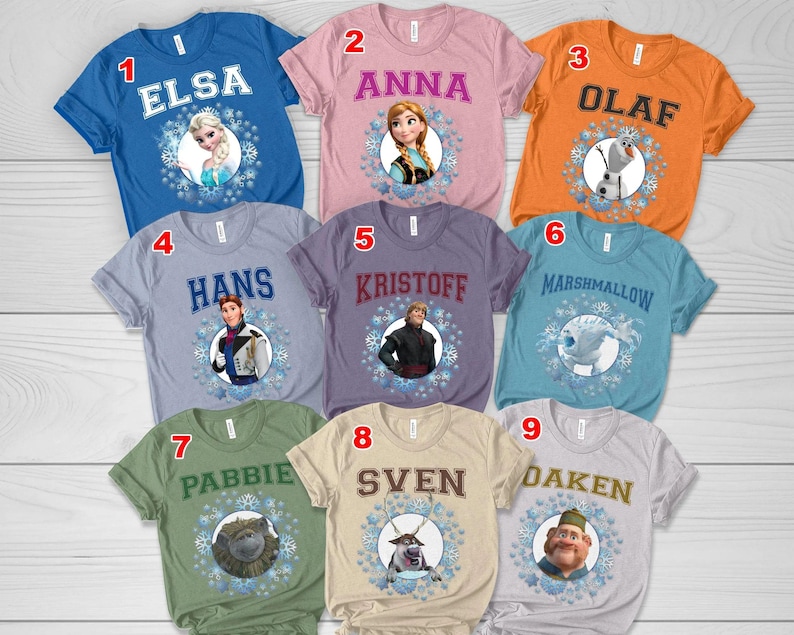 May include: Nine short-sleeved t-shirts in various colors, each featuring a character from the movie Frozen. The shirts display names like Elsa, Anna, Olaf, Hans, Kristoff, Marshmallow, Pabbie, Sven, and Oaken, with snowflake graphics.