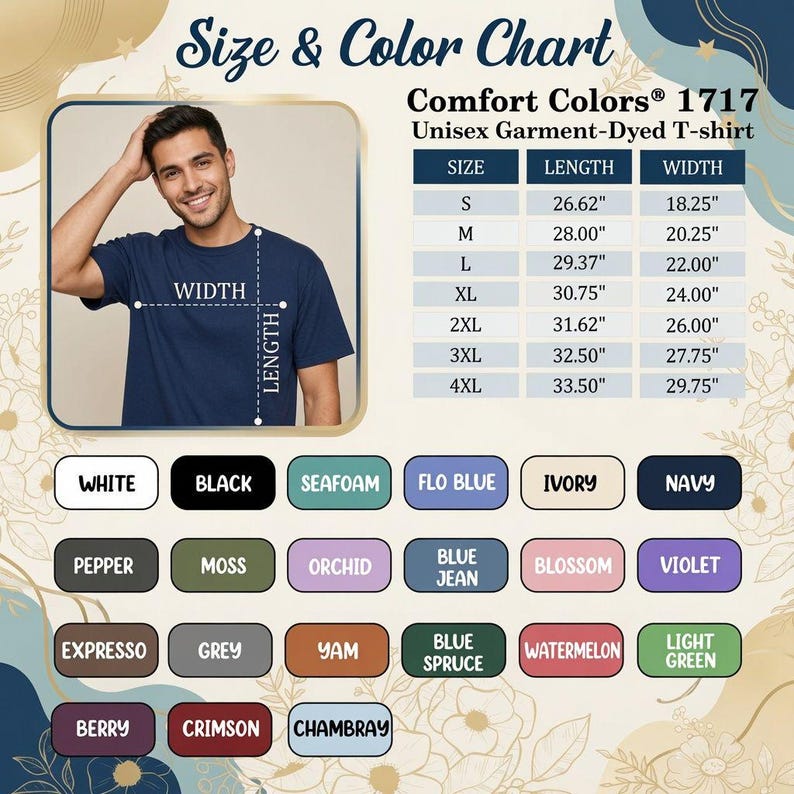 May include: A Comfort Colors 1717 unisex garment-dyed t-shirt size and color chart. The chart displays length and width measurements in inches for sizes S through 4XL, alongside a grid of twenty-four color swatches with names like White, Black, Navy, and Berry.