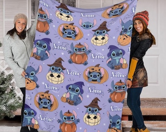 Custom Name Disney Stitch Blanket, Witch Stitch Halloween Fleece Blanket, Pumpkin Stitch Halloween Gift, Lilo Stitch Movie Blanket