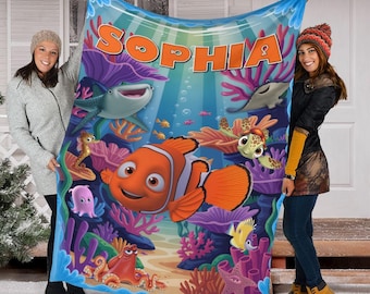 Personalized Name Finding Nemo Blanket, Disney Nemo and Dory Blanket for Girls, Soft Cozy Christmas Fleece Blanket, Birthday Gift for Kids