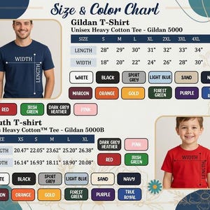 May include: A size and color chart for Gildan 5000 unisex and 5000B youth heavy cotton t-shirts. The chart displays length and width measurements in inches for sizes S-5XL and XS-XL, alongside color swatches including white, black, navy, and red.