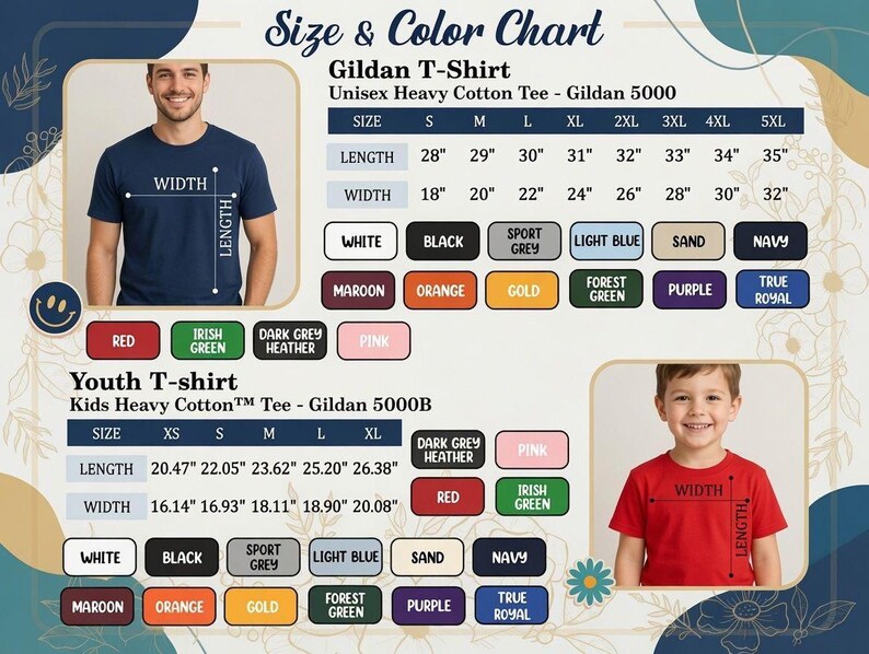 May include: A size and color chart for Gildan 5000 unisex and 5000B youth heavy cotton t-shirts. The chart displays length and width measurements in inches for sizes S-5XL and XS-XL, alongside color swatches including white, black, navy, and red.