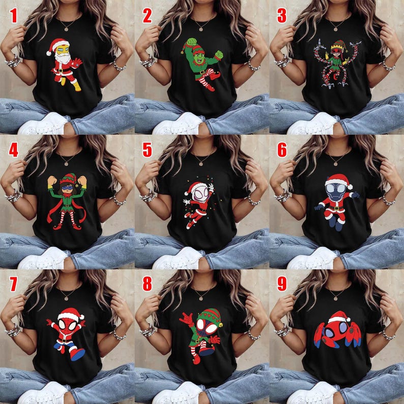 May include: A collection of nine black short-sleeved t-shirts, each featuring a different graphic print of a character dressed in holiday-themed attire, including Santa suits and elf costumes, displayed in a grid layout on a neutral background.