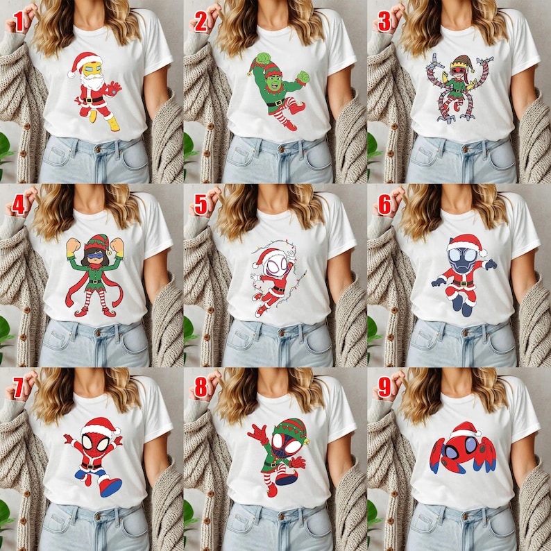 May include: A collection of nine white t-shirts, each featuring a unique graphic print of a character dressed in holiday attire. The designs include various figures in Santa or elf costumes, numbered one through nine in red text.