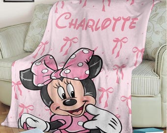 Coquette Minnie Mouse Fleece Blanket, Disney Minnie Blanket, Birthday Christmas Gifts, Custom Name Minnie Mouse Blanket, Baby Shower Gift