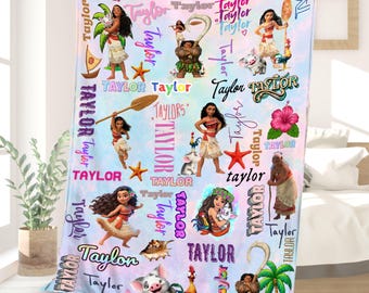 Personalized Watercolor Moana Princess Blanket, Custom Name Baby Disney Moana Velveteen Plush Blanket, Disney Birthday Girl Gifts