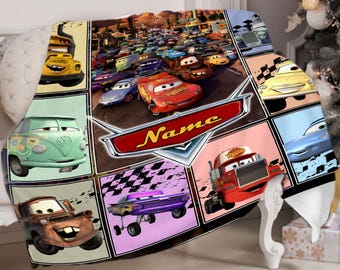 Personalized Disney Cars Movies Blanket, Cars Movie Characters Photo Group MC Queen Tow Mater Velveteen Plush Blanket, Disney Birthday Boy