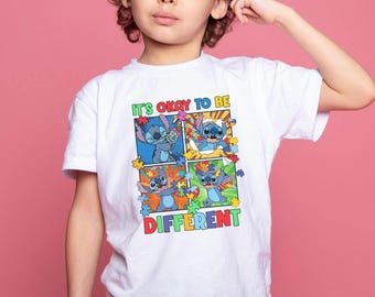 Autism Awareness Disney Stitch Tee for Women & Kids, It's Ok To Be Different Shirt, Autism Support Toddler Tee