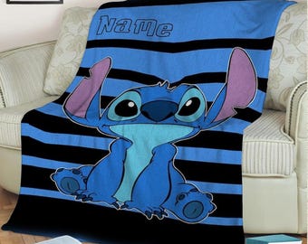 Personalized Name Stitch  Blanket, Stitch Angel Blanket, Disney Lilo And Stitch Fleece Blanket, Baby Shower Gift, Soft Cozy Bedding Blanket