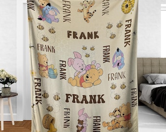 Custom Pooh Piglet Eeyore Baby Blanket, Disney Bear Blanket, Cute Honey Bee Newborn Soft Fleece Blanket, Baby Shower Birthday Christmas Gift