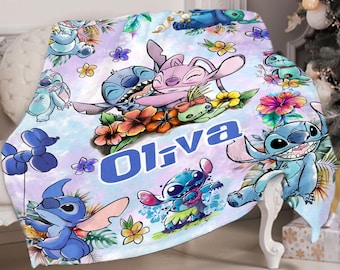 Personalized Watercolor Disney Stitch Blanket, Lilo & Stitch Angel Sketch Velveteen Plush Blanket, Disney Birthday Gift, Ohana Means Family