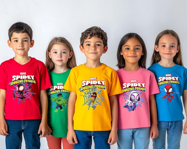 May include: A collection of five short-sleeved t-shirts in red, green, yellow, pink, and blue. Each shirt features the Marvel Spidey and His Amazing Friends logo with a graphic of a character including Spider-Man, Hulk, and Ghost-Spider.